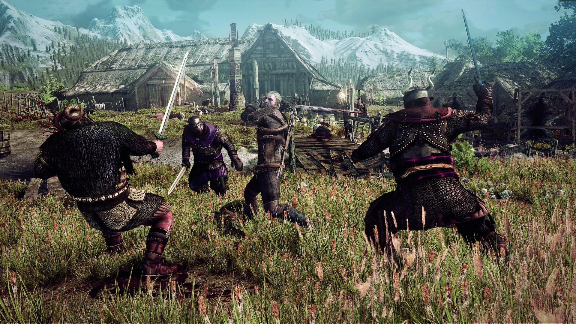 The Witcher 3 Wild Hunt Geralt fighting multiple opponents in a village in Skellige psd jpgcopy1