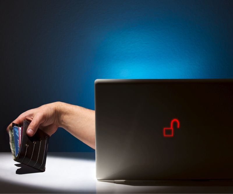 A hand reaching out from a laptop grabbing a wallet illustrating the ease of internet theft and fraud.