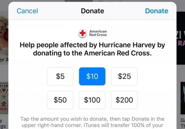 Amerika'da gerçekleşen Harvey Kasırgası için Apple, iTunes üzerinden bağış toplamaya başladı. Bağışlar Amerikan Kızılhaçı'na ulaştırılacak.