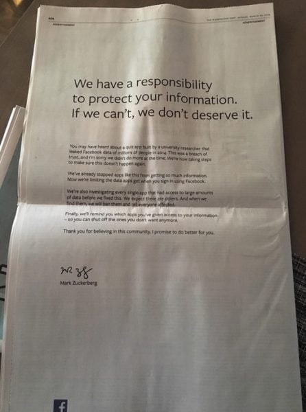 Mark Zuckerberg, gazetelerde tam sayfa özür metni yayınladı