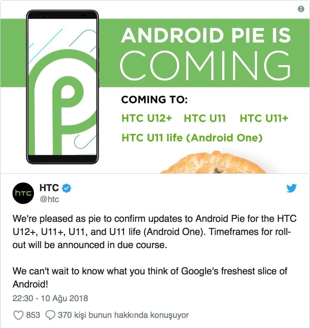 Android 9.0 Pie alacak HTC
