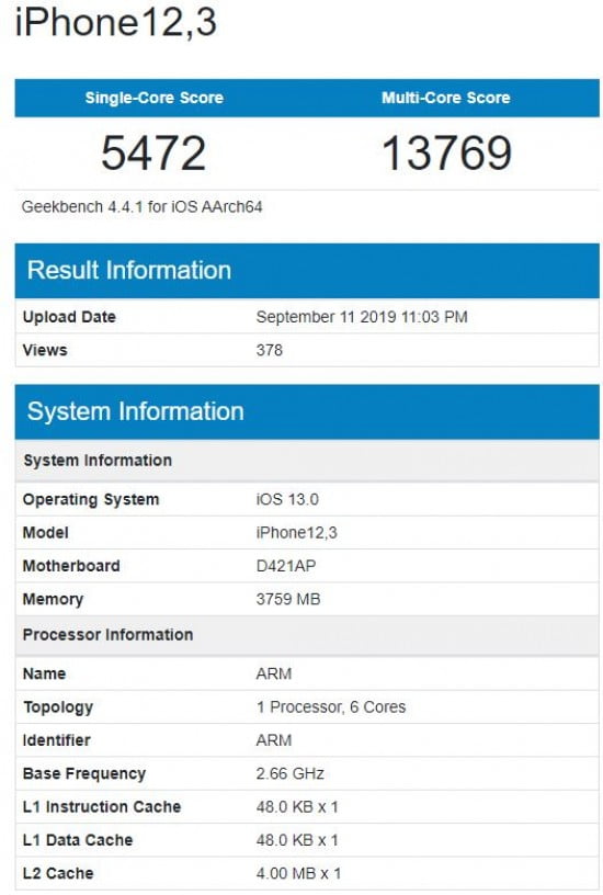 iPhone 11 Pro Geekbench