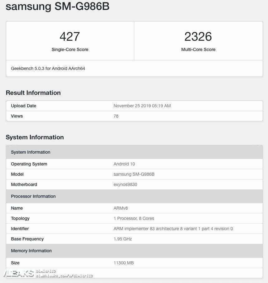 Galaxy S11 5G Geekbench