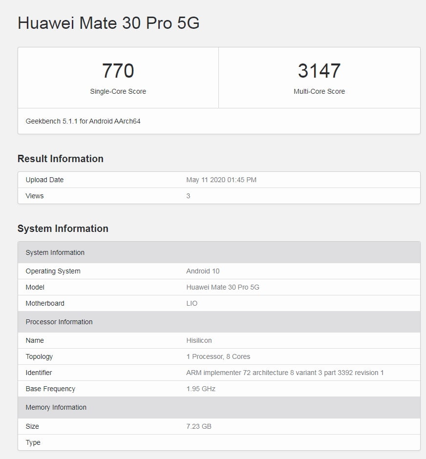 Huawei Mate 30 Pro 5G Geekbench