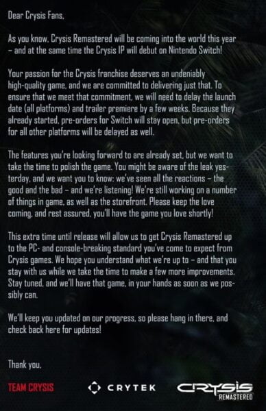 Crysis Remastered çıkmadan hayal kırıklığı yarattı, erteleme geldi!