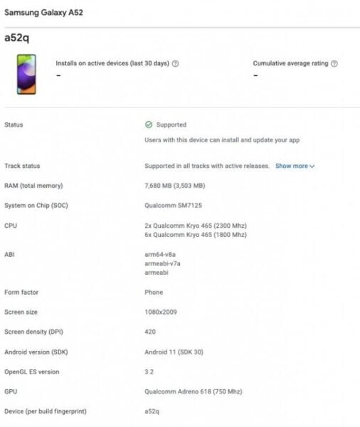 Samsung Galaxy A52 4G, Google Play Console listesinde göründü