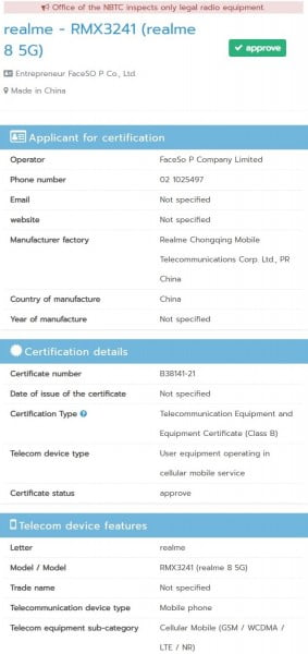 Realme 8 5G, NBTC sertifikasını aldı!