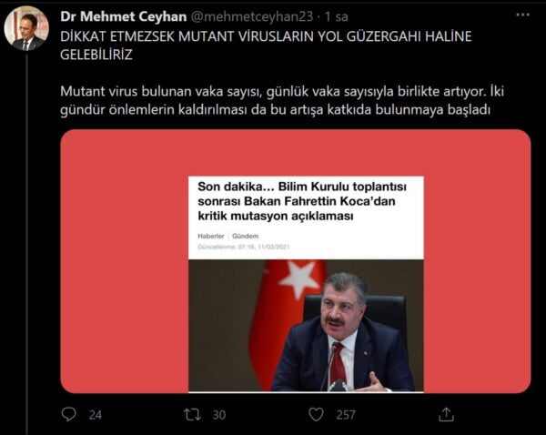 Prof. Dr. Mehmet Ceyhan mutant korona virüse karşı uyarıyor