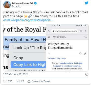 Chrome 90, paylaştığınız bağlantıya "hightlight ekleme" özelliği getiriyor
