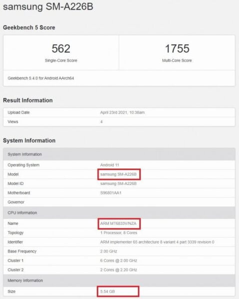 Samsung Galaxy A22 5G, Geekbench'te göründü