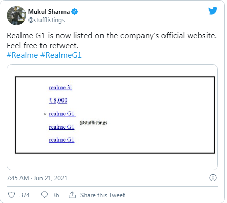 Realme G1 isimli bir cihaz şirketin resmi web sitesinde görüldü