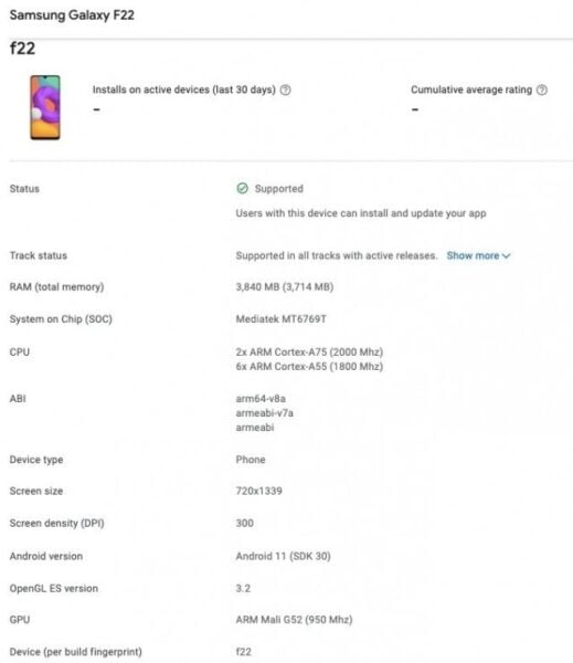 Samsung Galaxy F22, Google Play Console'da göründü 