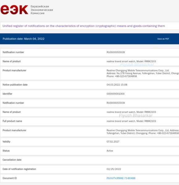 Realme Watch T1 küresel pazara hazırlanıyor