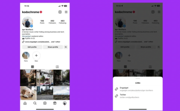 Instagram, profilinize beş bağlantı eklemenize izin verecek